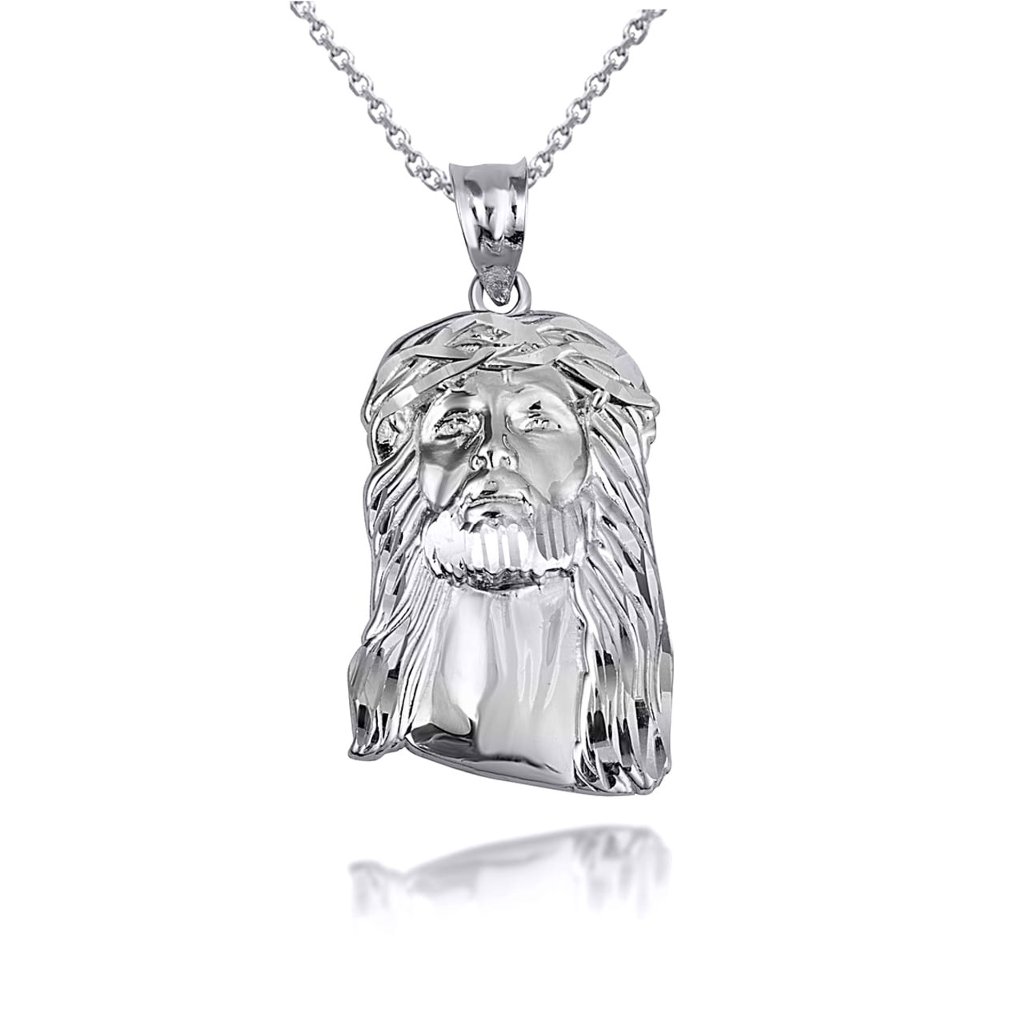 925 Sterling Silver Jesus Christ Head Diamond Cut Pendant Necklace